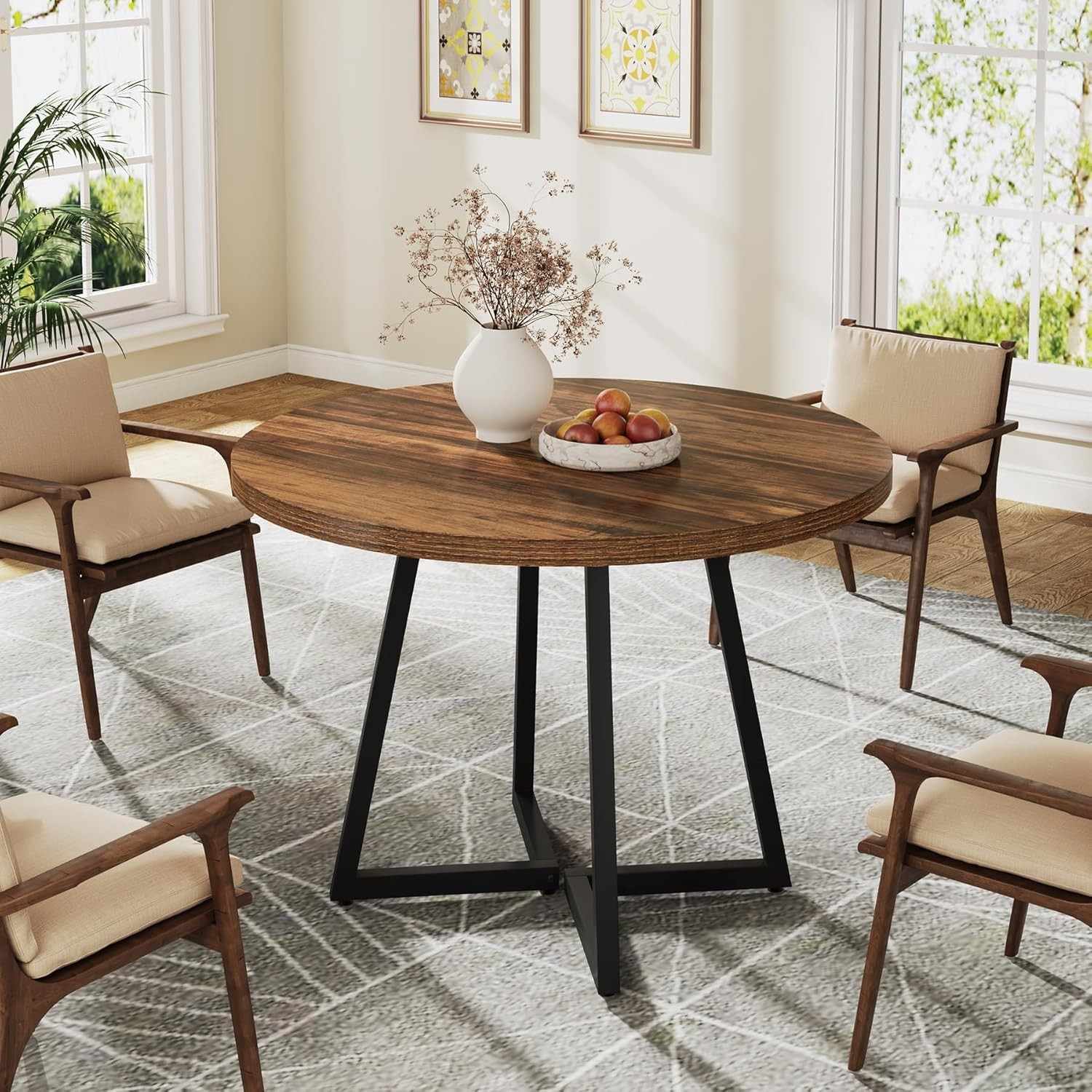 Round Dining Table for 2, 31.5" Industrial Small Kitchen Table with Metal Base