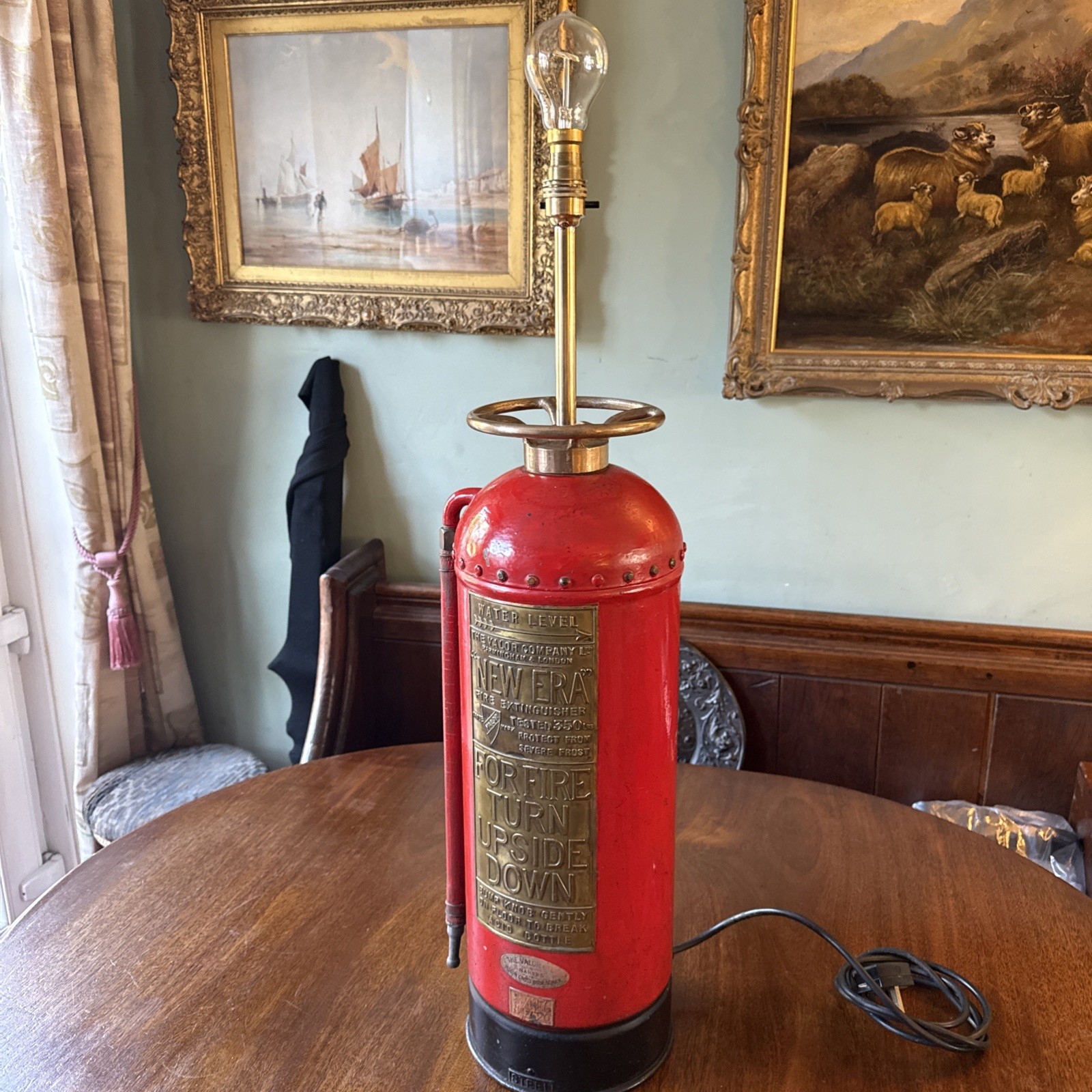 Antique Fire Extinguiser Lamp With Brass Plate And Fittings In Fire Red
