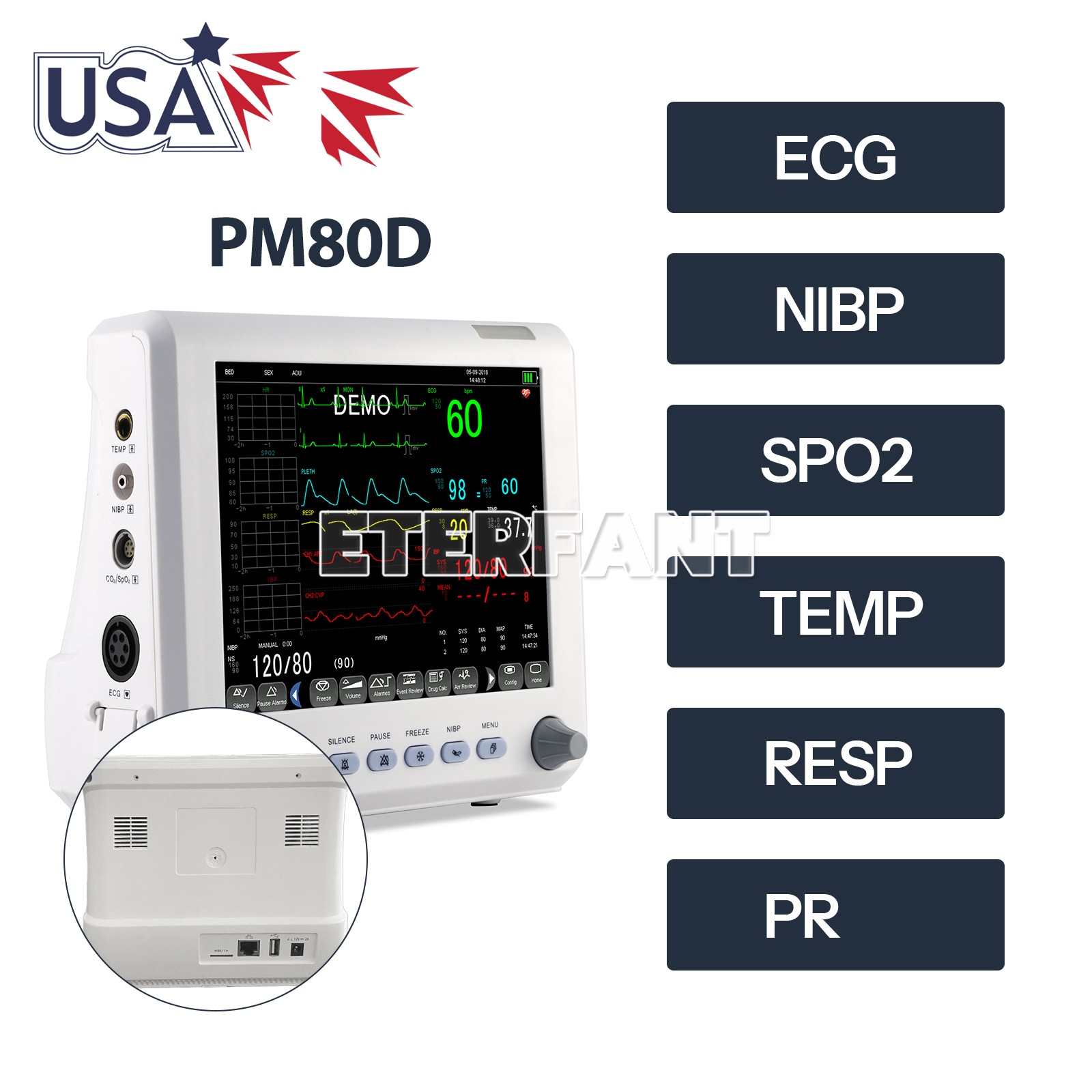 8-Inch Patient Vital Signs Monitor Multi-Parameter ECG/RESP/TEMP/NIBP/SPO2/PR