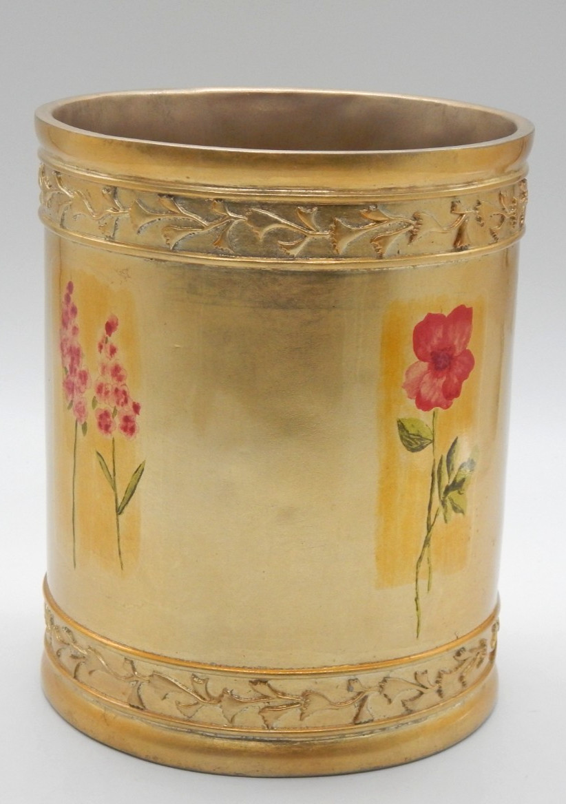 Gold Decoupage Ornate Brushed Style Elegant Floral Heavy Waste Basket Beautiful