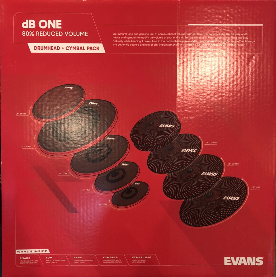 NEW Evans dB One Low Volume 5 Cymbals and 5 Drumheads Set /80% Volume Reduction