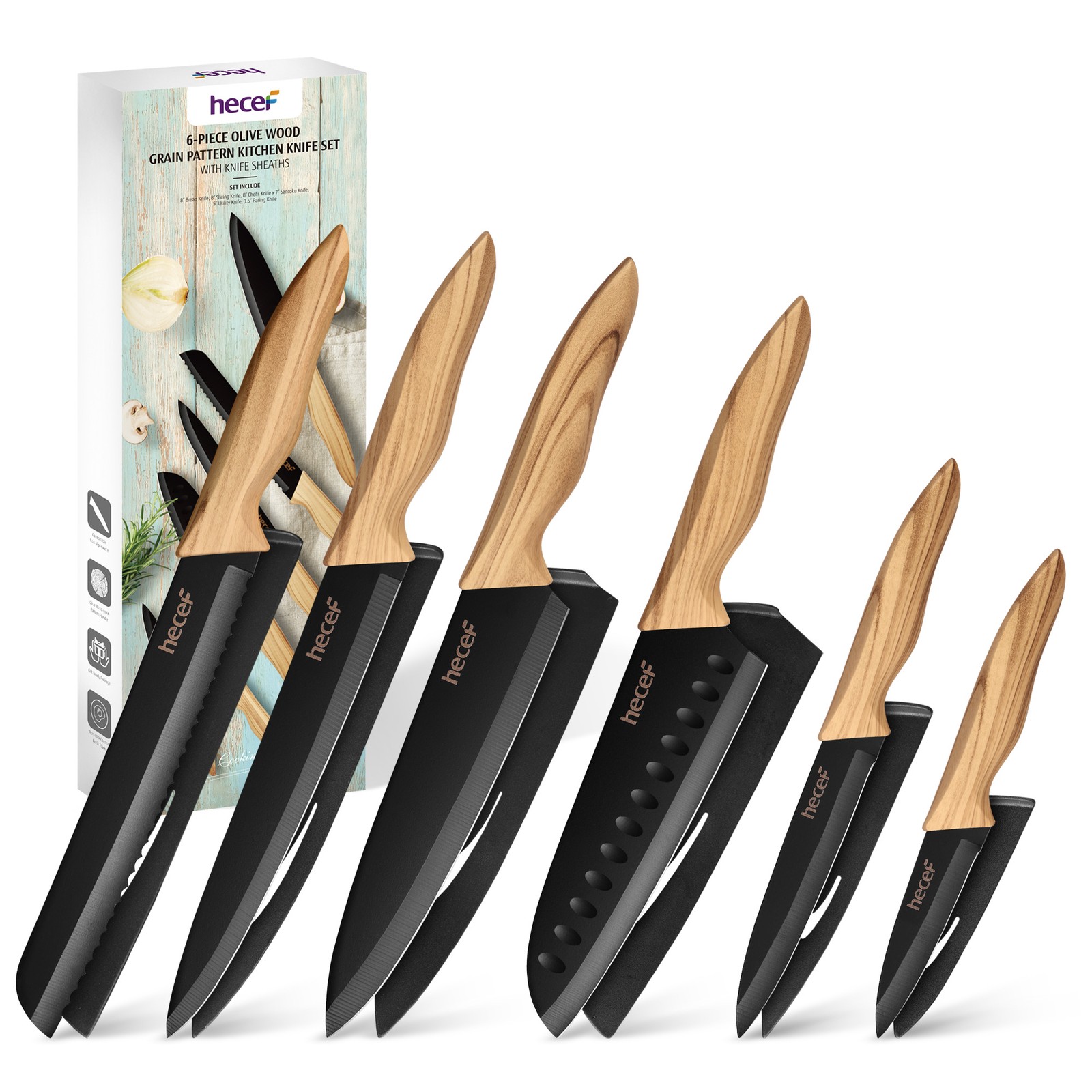 6PCS kitchen knife set extra sharp stainless steel blades olive wood handles