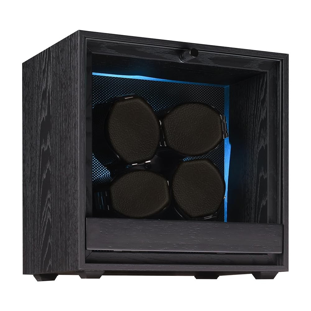 Watch Winder Wooden 4 Winders 5 Rotation Mode Box Super Quiet Motor H-Black