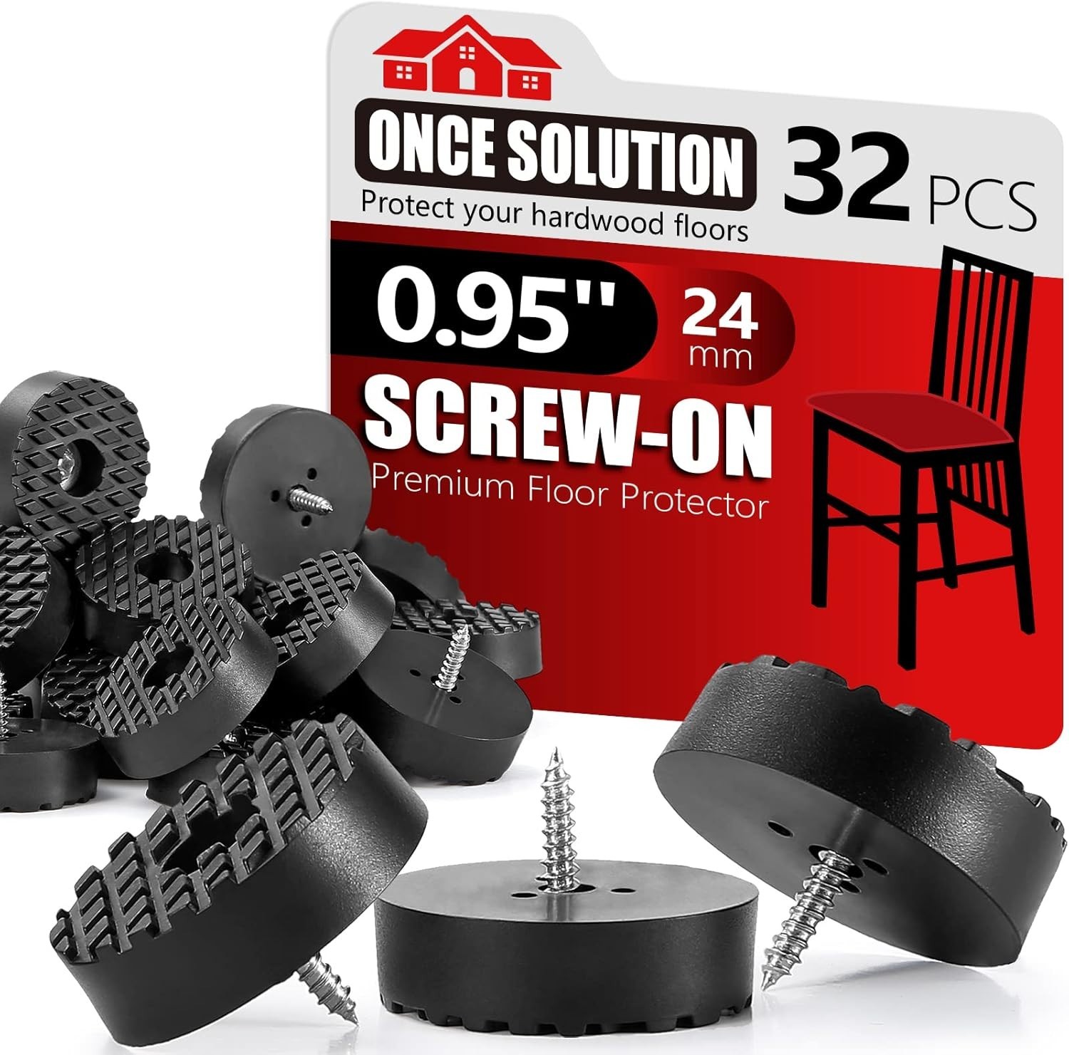 Screw-On Rubber Feet for Furniture - 32PCS Floor Protector for Chair Leg - 0.95"