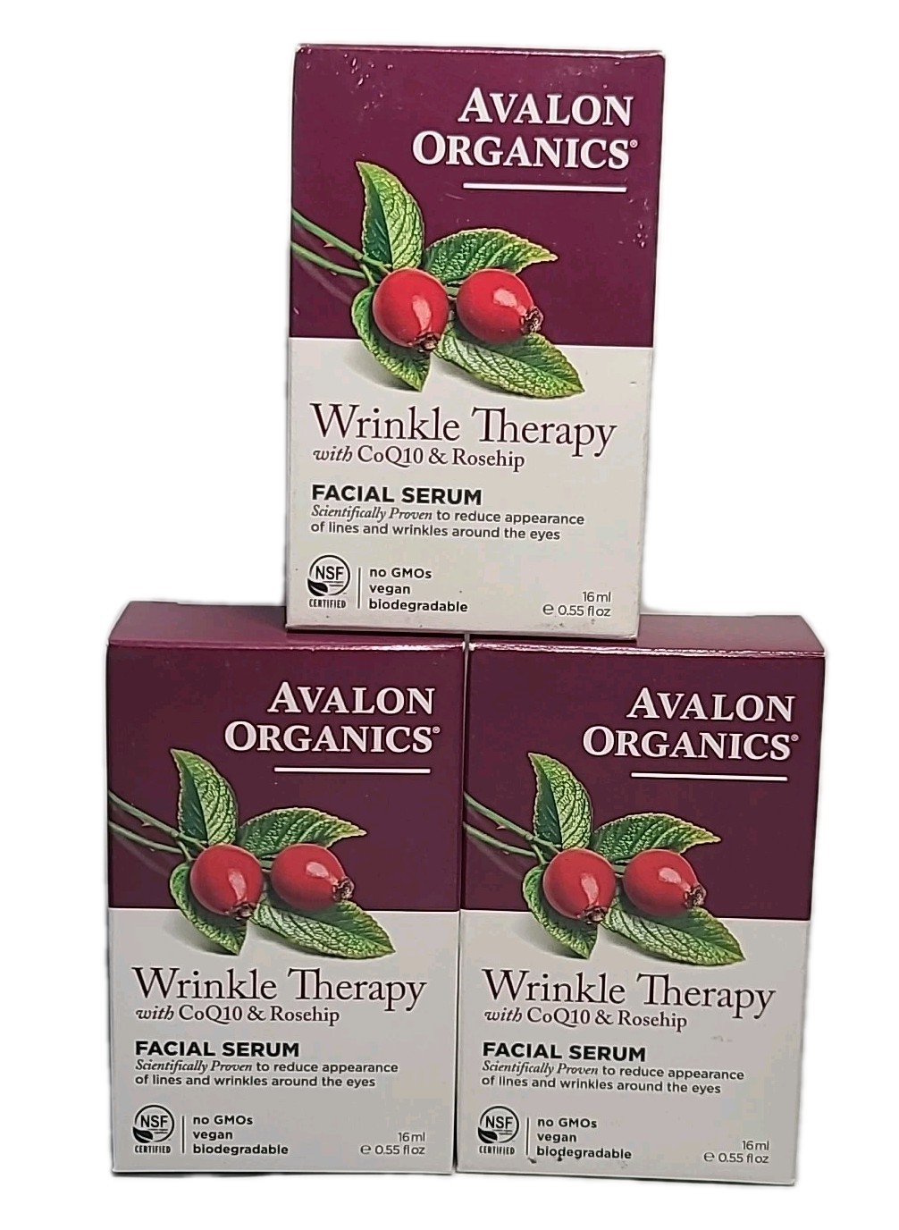 3x Avalon Organics Wrinkle Therapy FACIAL SERUM -CoQ10 & Rosehip- 0.55 oz /16 mL
