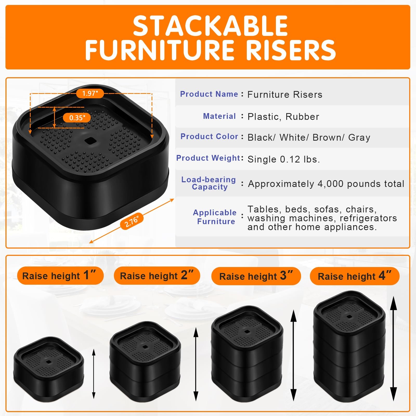 12 PCS Adjustable Furniture Bed Risers Square Stackable Heavy Duty Black 1 Inch