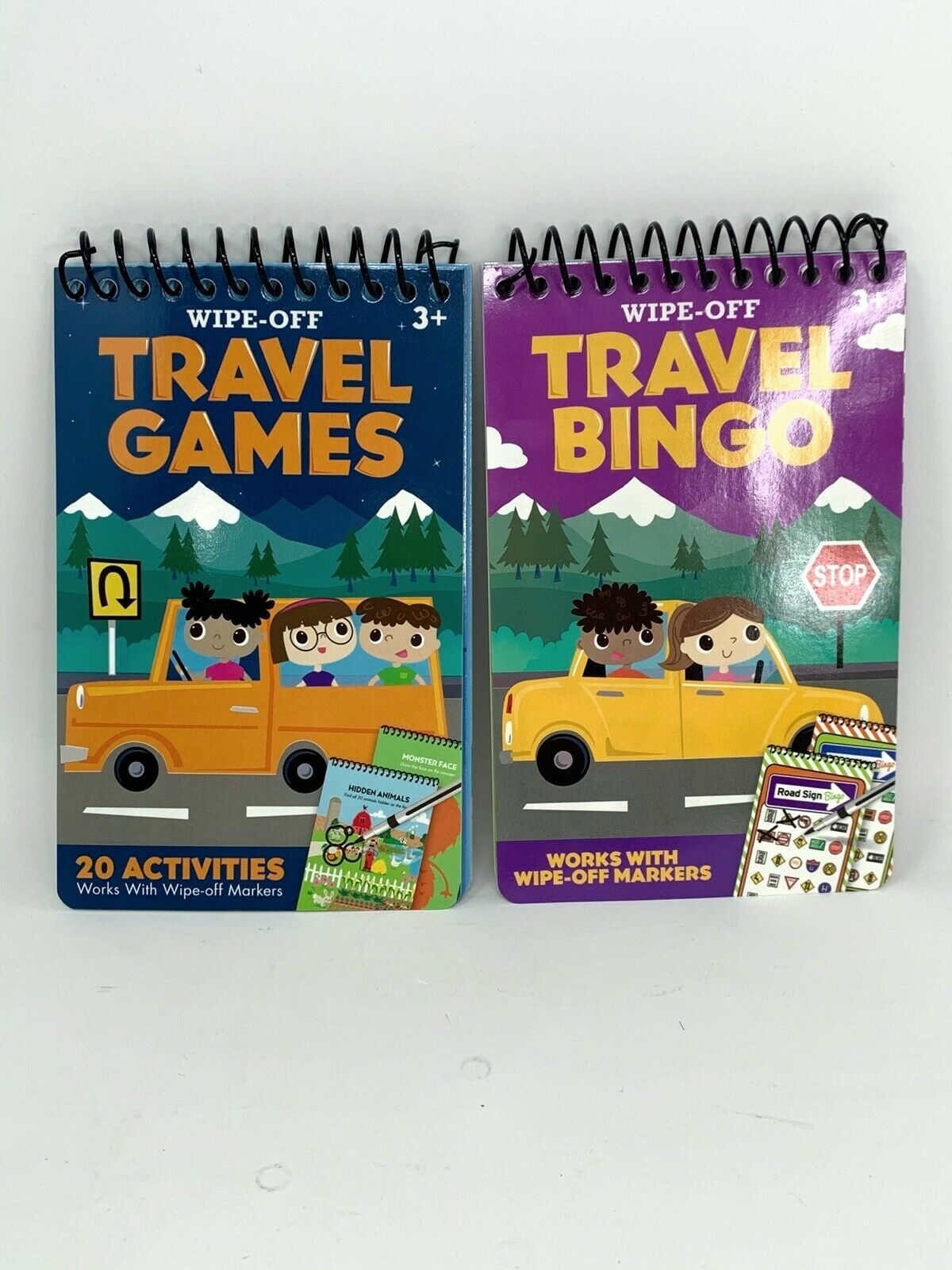 Lot of 2 On-the-Go Travel Games 20 Puzzles & Activities, Spiral Bound New