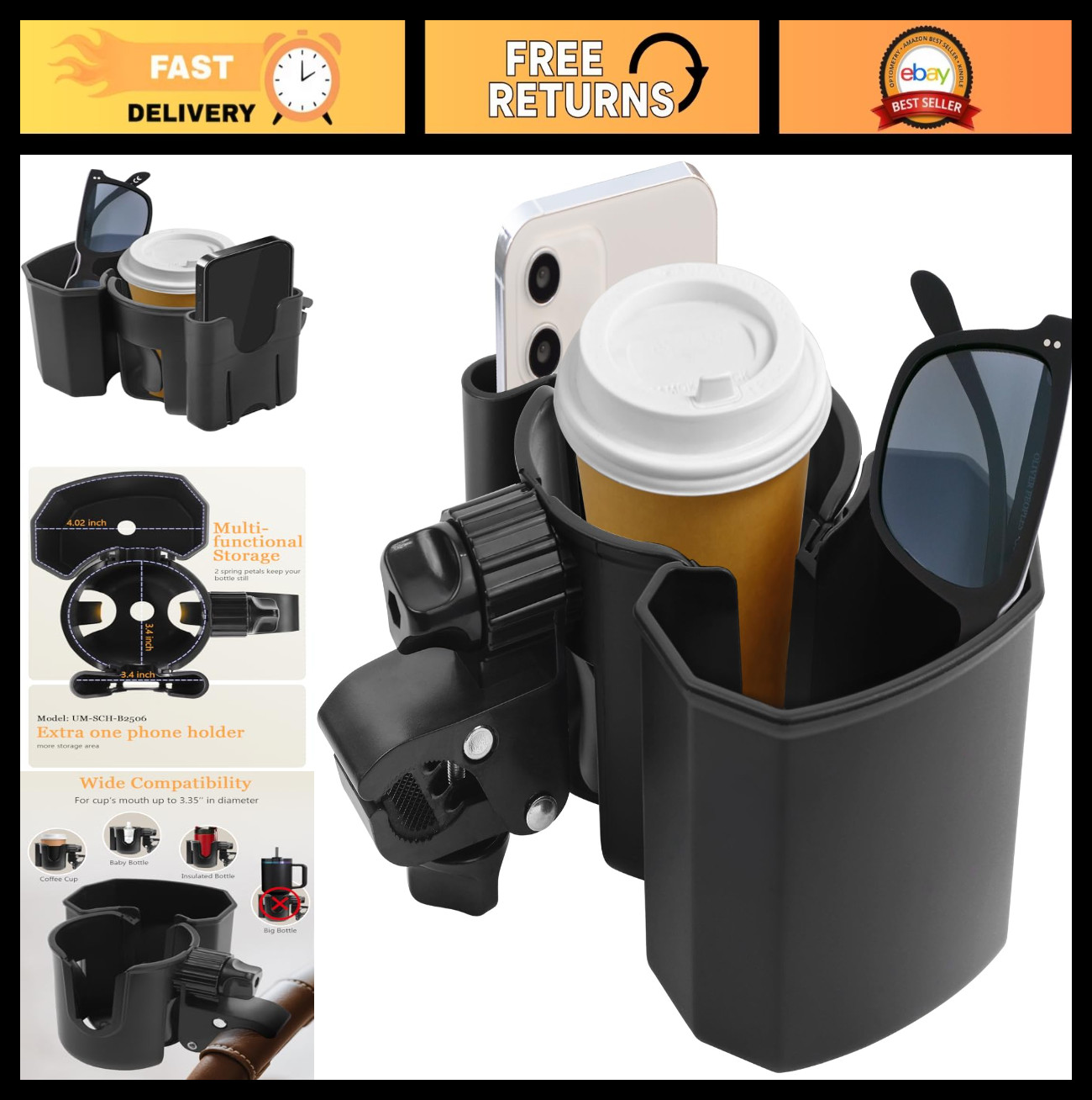 Universal Stroller Cup Holder & Phone Holder, 360° Rotatable Clip, Large Storage