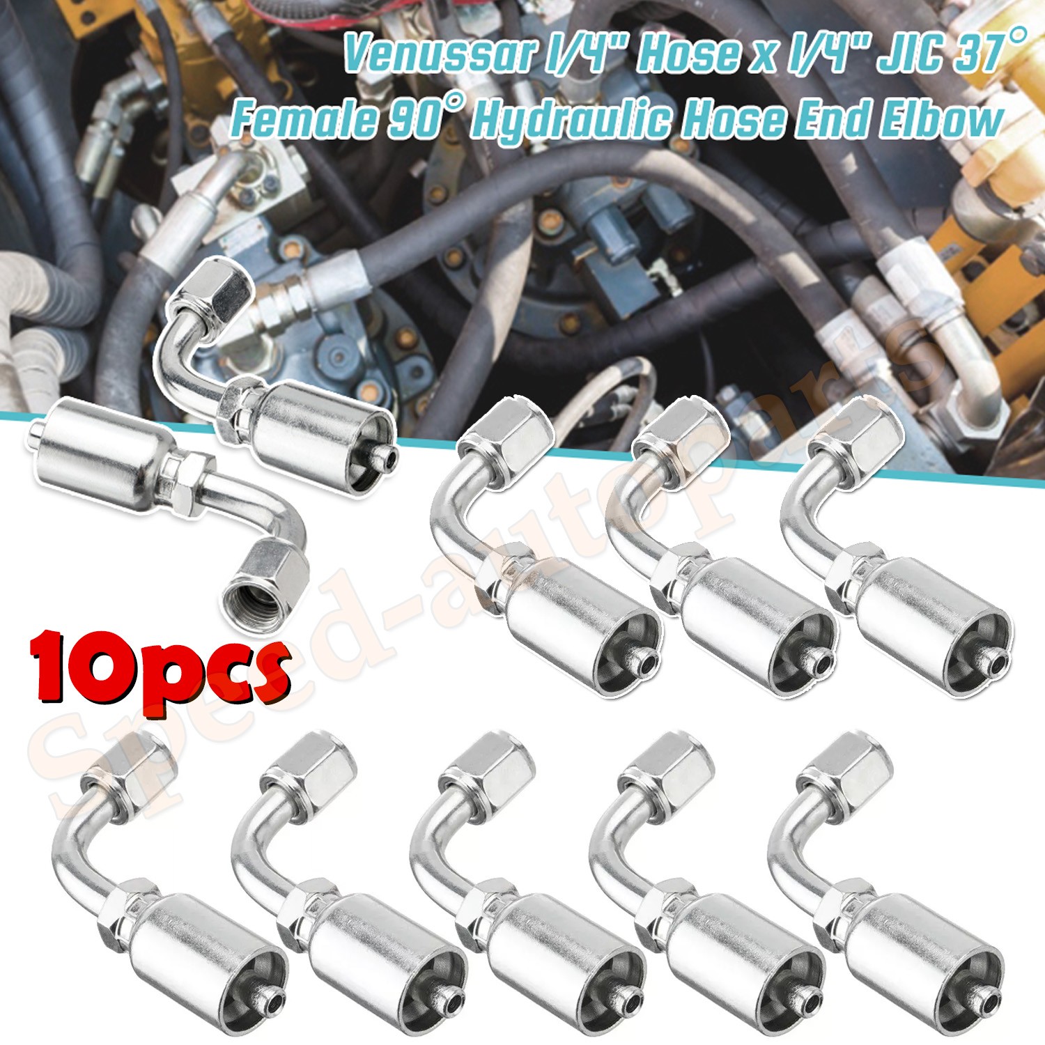 10X 1/4" JIC 37° Female 90° Hydraulic Hose Fittings For 1/4" I.D. Hydraulic Hose