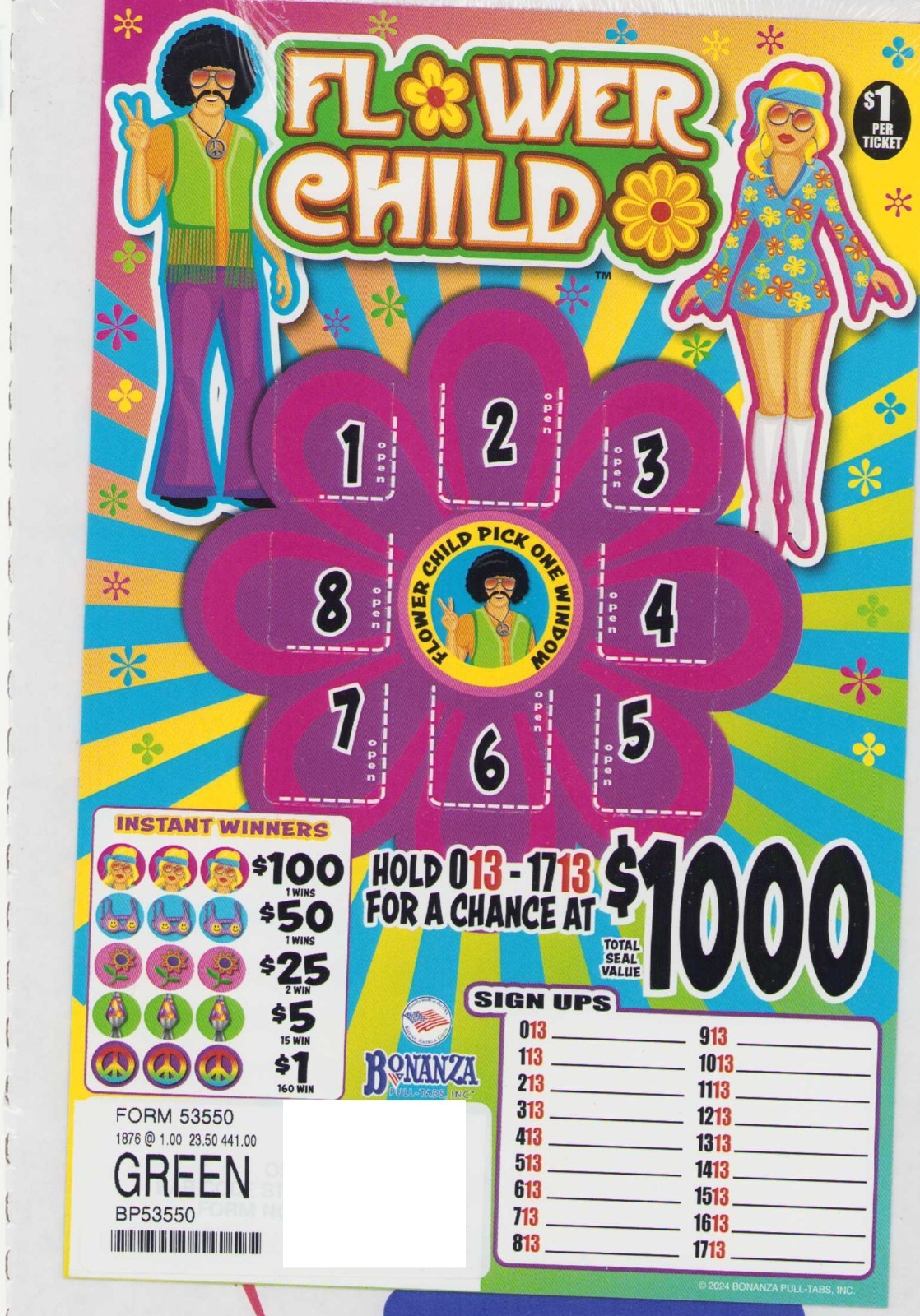 Pull Tab Tickets -Hard Card - Game - Holder - Flower Child - 1,876 ct
