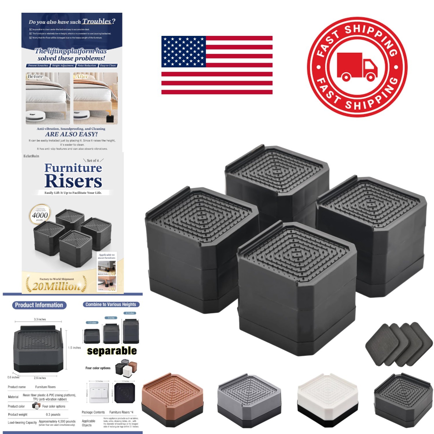 Heavy Duty Bed Risers Adjustable Block for Desk Sofa Chair Legs 3 Inch 4.3 Inch