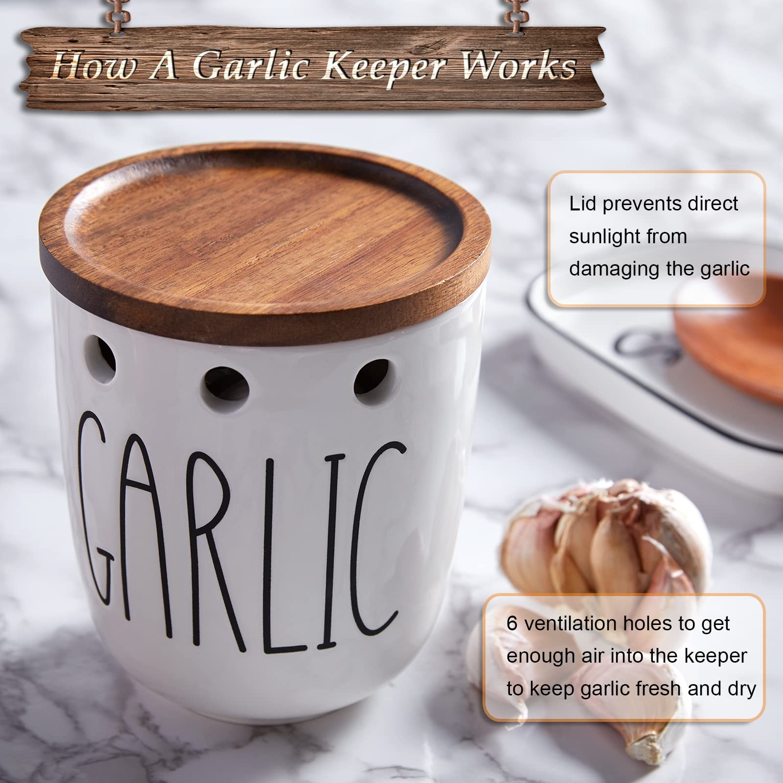 DAYYET Garlic Keeper for Counter, Ceramic with Large, White