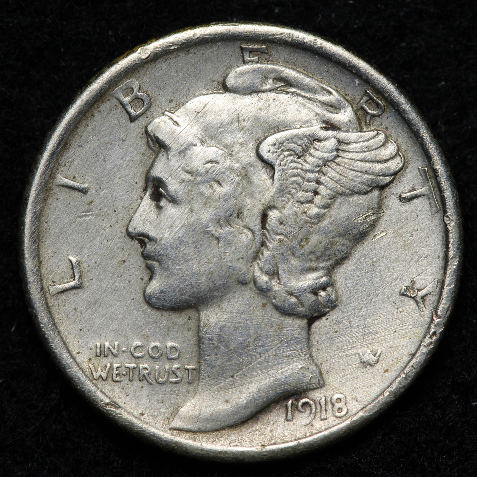 1918-D Mercury Silver Dime AU E302 AVCM