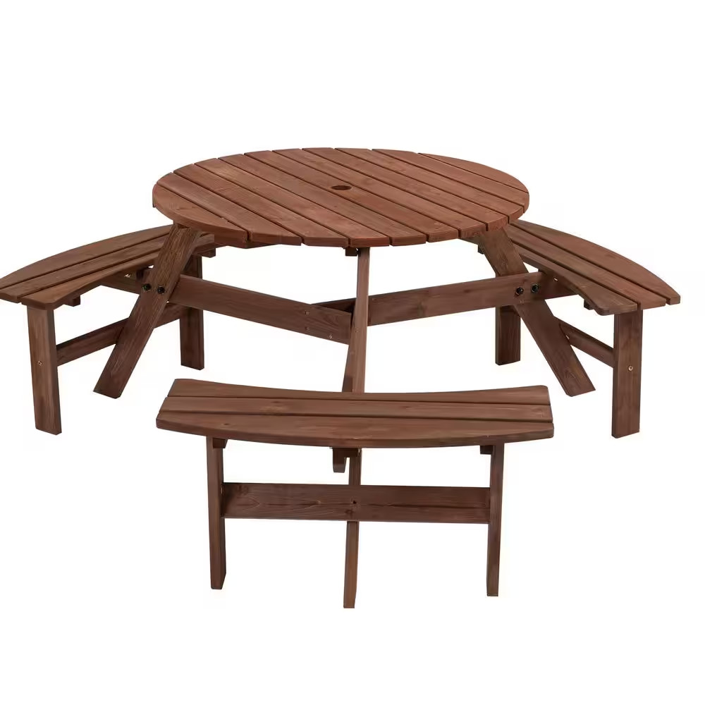 6-Person Circular Outdoor Wooden Picnic Table for Patio, Backyard, Garden, DIY W
