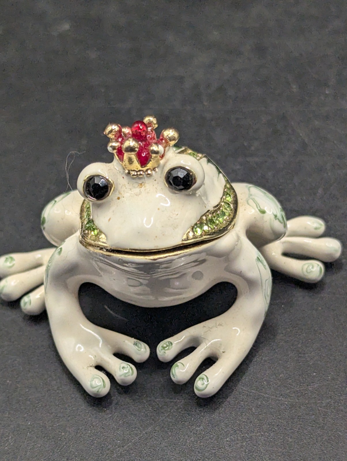 Enameled White Green Rhinestone Encrusted Prince Frog Hinged Metal Trinket Box