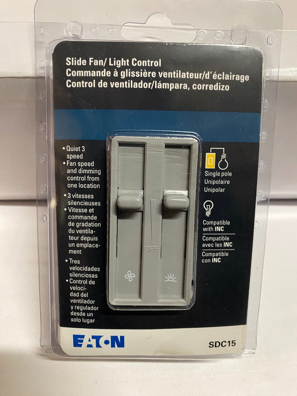 Cooper / Eaton SDC15 Fan/Dimmer Combination Slide SP 3Spd 1.5A 300W, Gray