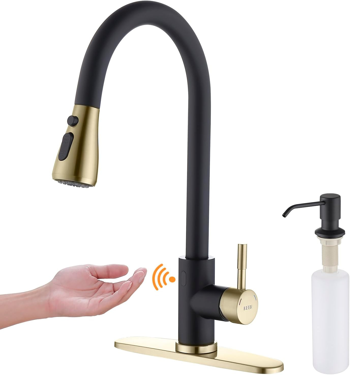 Touchless Pull Down Kitchen Faucet with Soap Dispenser, Black & Chrome Finish