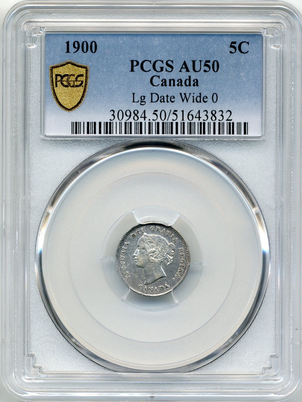 1900 Canada 5 Cent, Large Date, Round Wide 0 Variety - About UNC, PCGS AU50