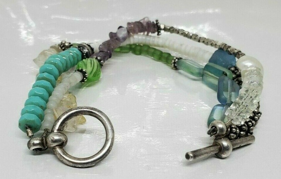 Multistone Teal Blue White Green Multibead Toggle Bracelet 7"