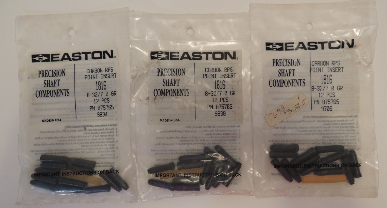 lot of 3 Easton archery 12 carbon RPS point insert 1816 8-32/7.0 gr PN 875765