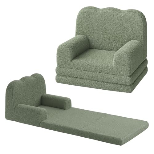 Kids Couch, 2-in-1 Convertible Teddy Fleece Fabric Toddler Sofa Chair, Green