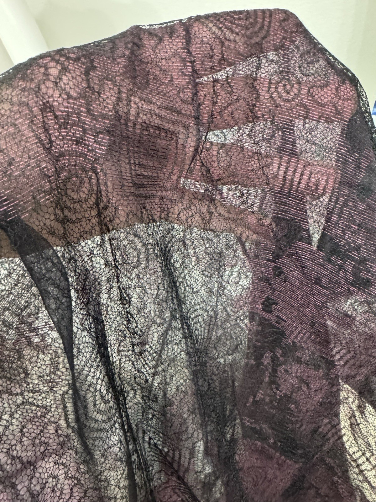 Christian Lacroix Vint. Black Chantilly Lace W Plum Silk Scarf Shawl 30” x 80”