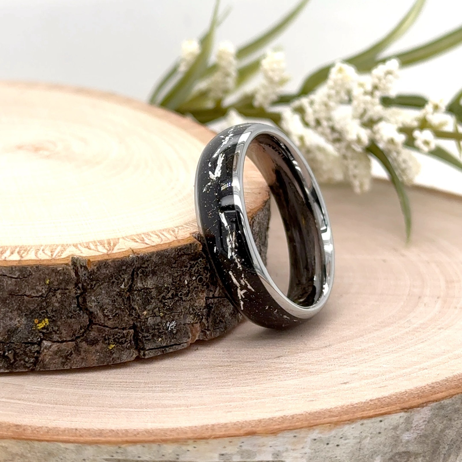 Christmas Band 6mm Silver Polished Tungsten Ring Black & Silver Glitter Inlay