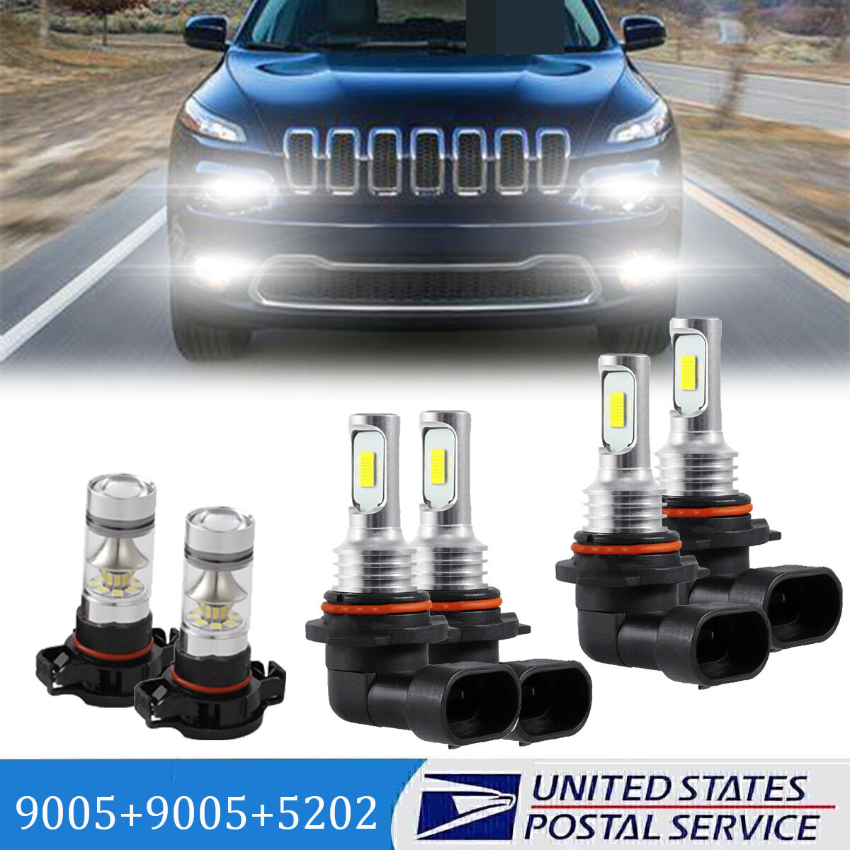 For Jeep Cherokee 2016-2018 White LED Headlight Hi/Lo+ Fog Light Bulbs Combo Kit