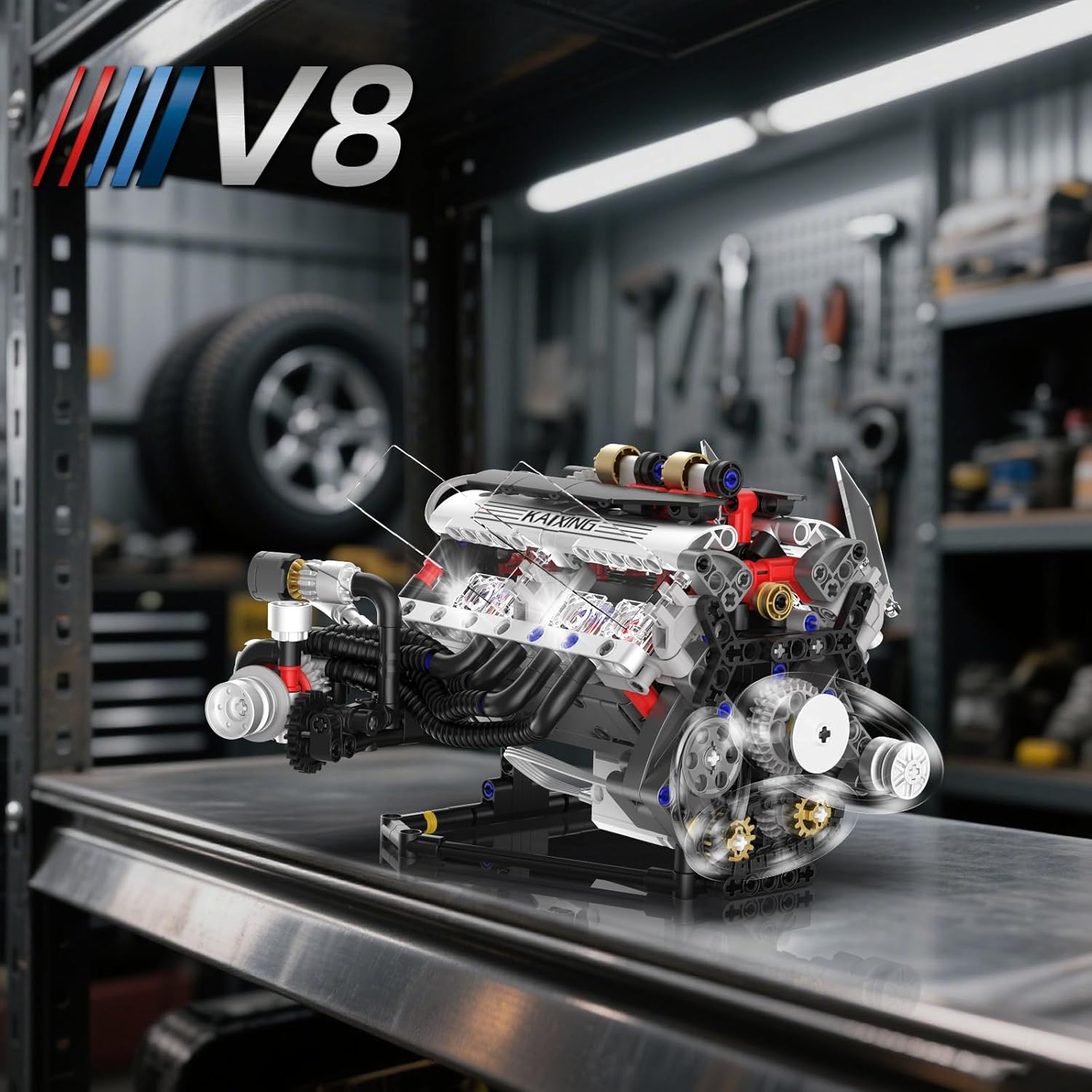 V8 Engine Kits That Works Building Sets,Car Engine Model Kit with Motor and Lig