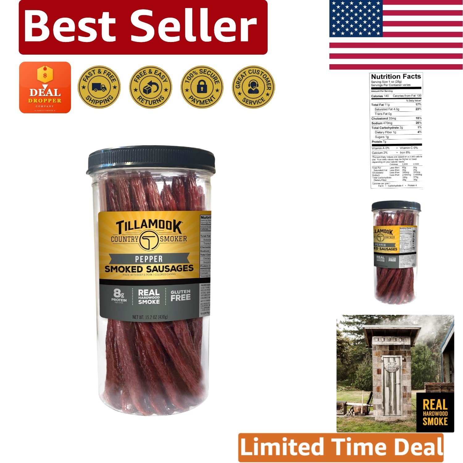 Keto-Friendly 15.2 Ounce Pepper Smoked Sausage Jar - 20 Protein-Packed Snacks