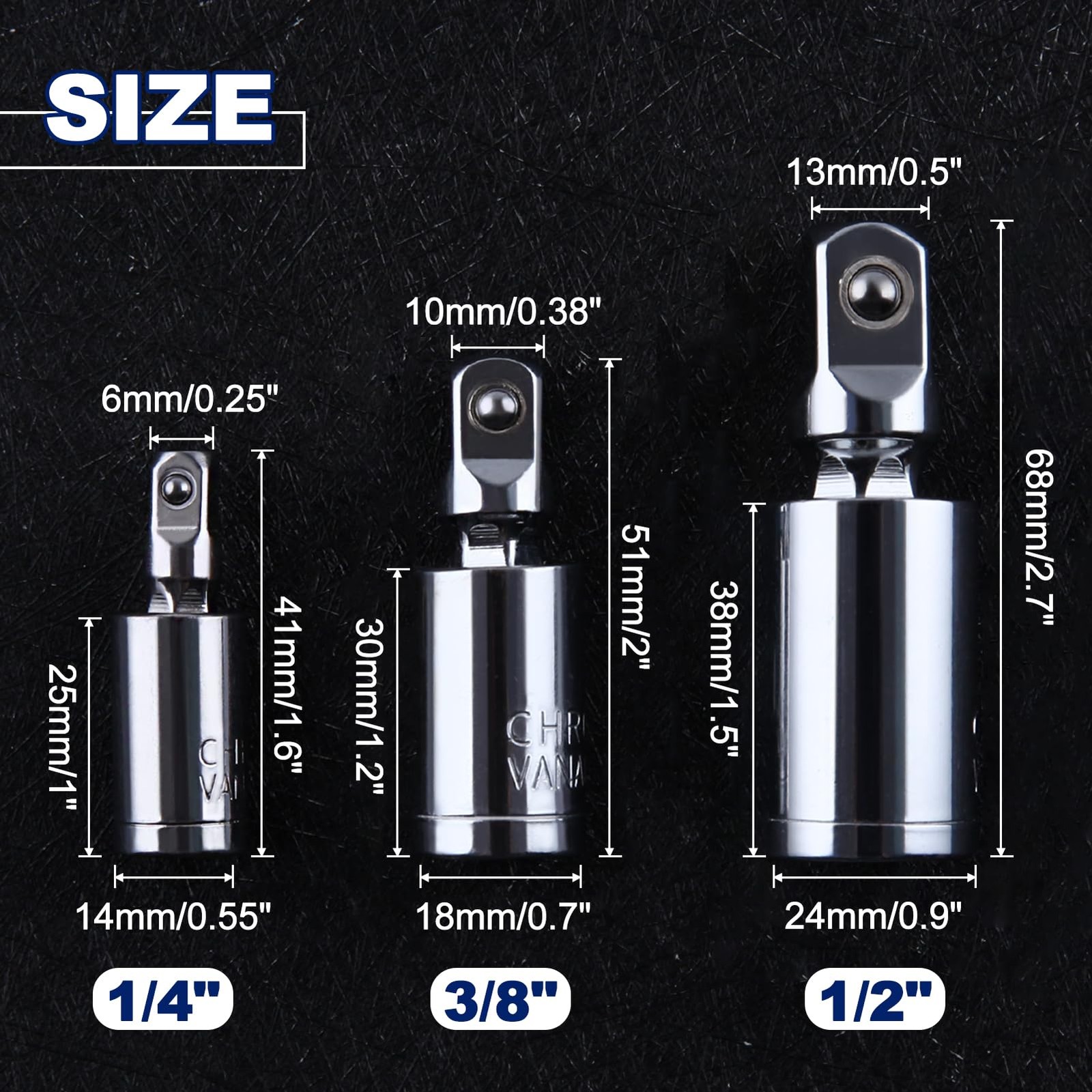 3Pcs Universal Joint Socket Set 1/4" 3/8" 1/2" Drive Swivel Socket