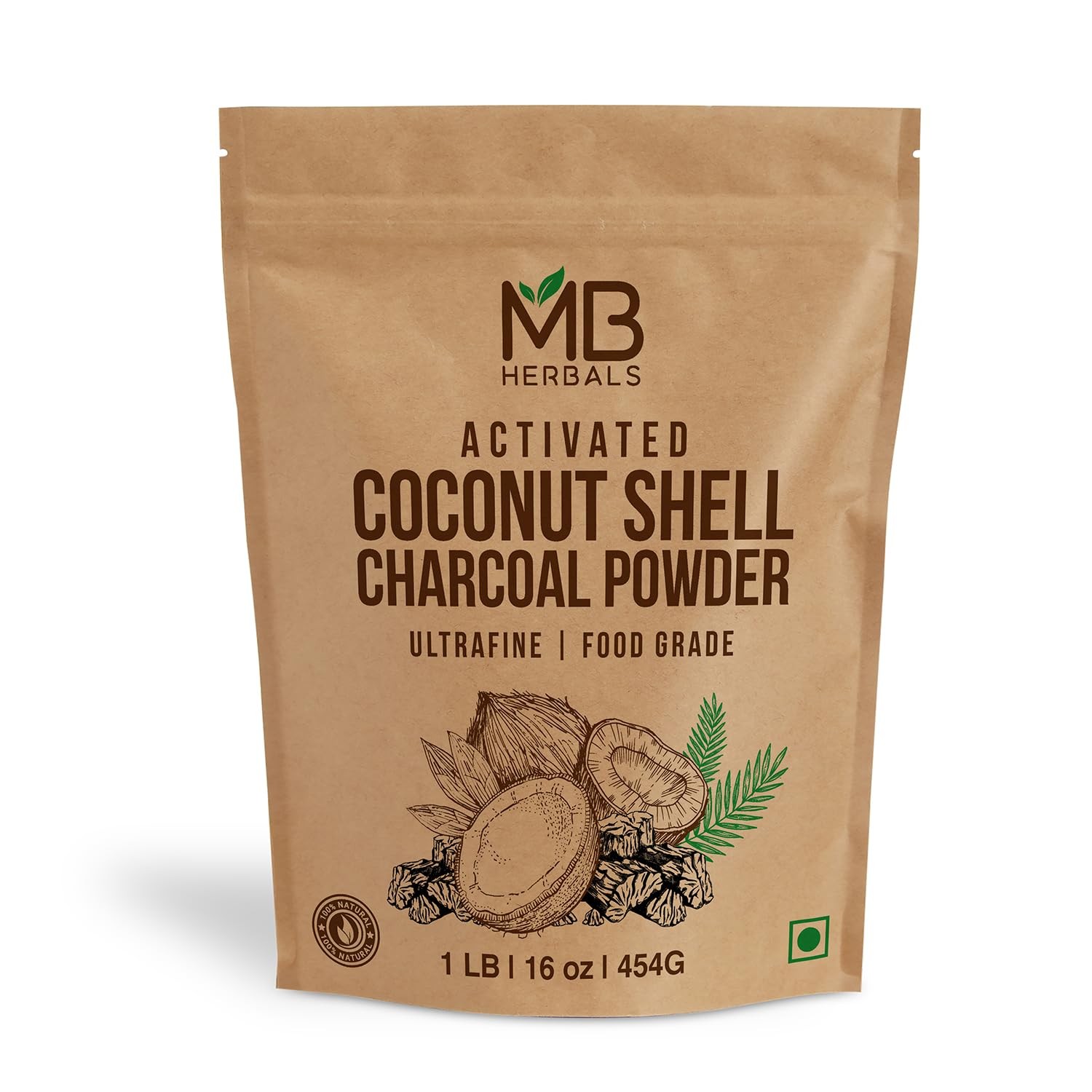 MB Herbals Activated Coconut Shell Charcoal 16 Ounce (Pack of 1), Black