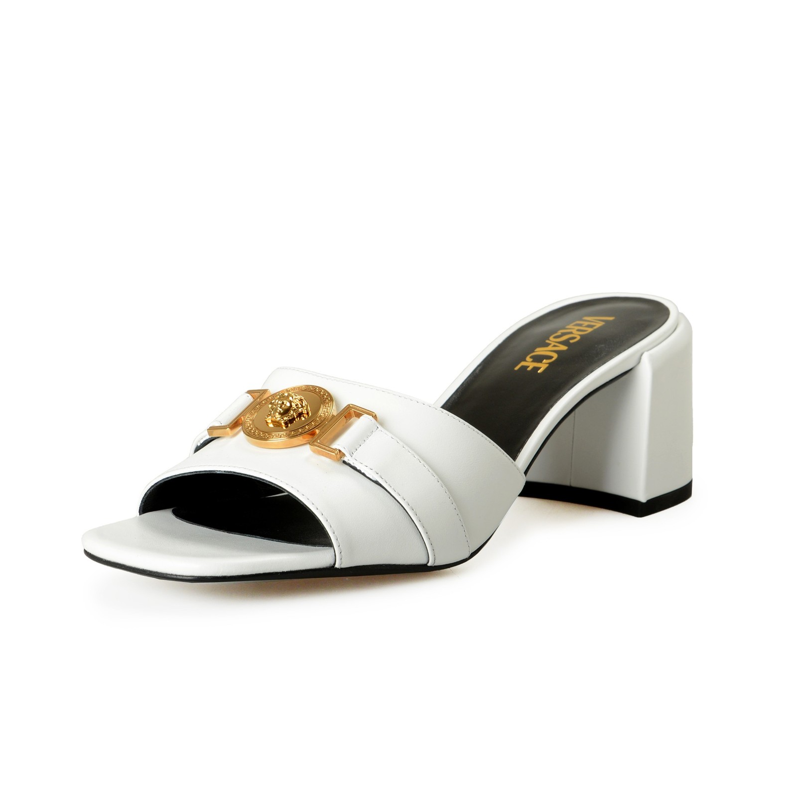 Versace Women's White Gold Medusa Heeled Sandals Mules Shoes US 10 IT 40