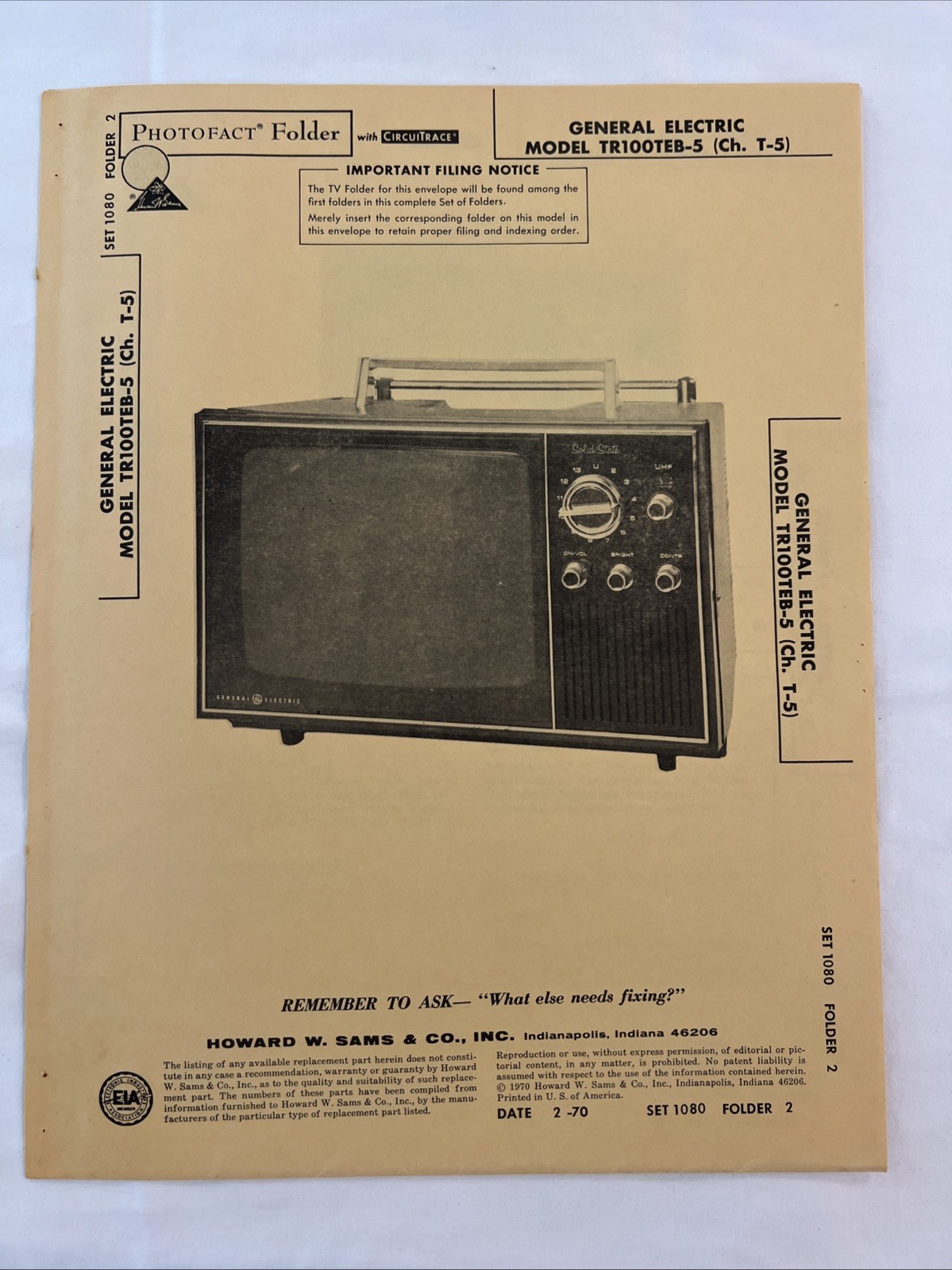 Vintage Sams Photofact Schematic 2-1970 GENERAL ELECTRIC MODEL TR100TEB-5
