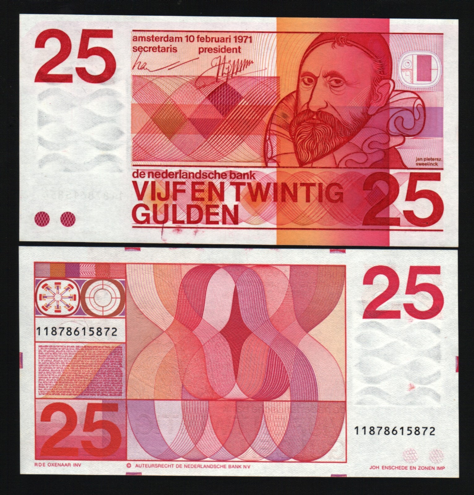 NETHERLANDS 25 GULDEN P-92 1971 RARE 11 DIGIT EURO UNC DESIGN MONEY DUTCH NOTE