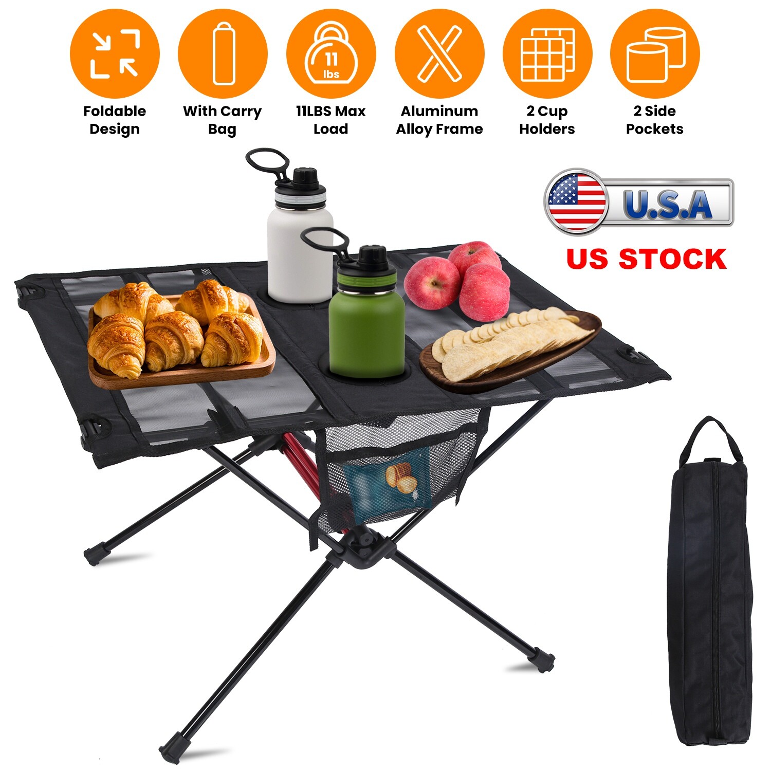 Folding Aluminum Camping Table with Mesh Storage Pockets & Dual Cup Holders
