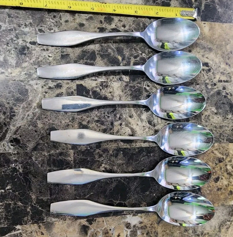 LOT OF 6 JAPAN STAINLESS STEEL FLARED & TAPERED STAINLESS STEEL OVAL SOUP SPOONS
