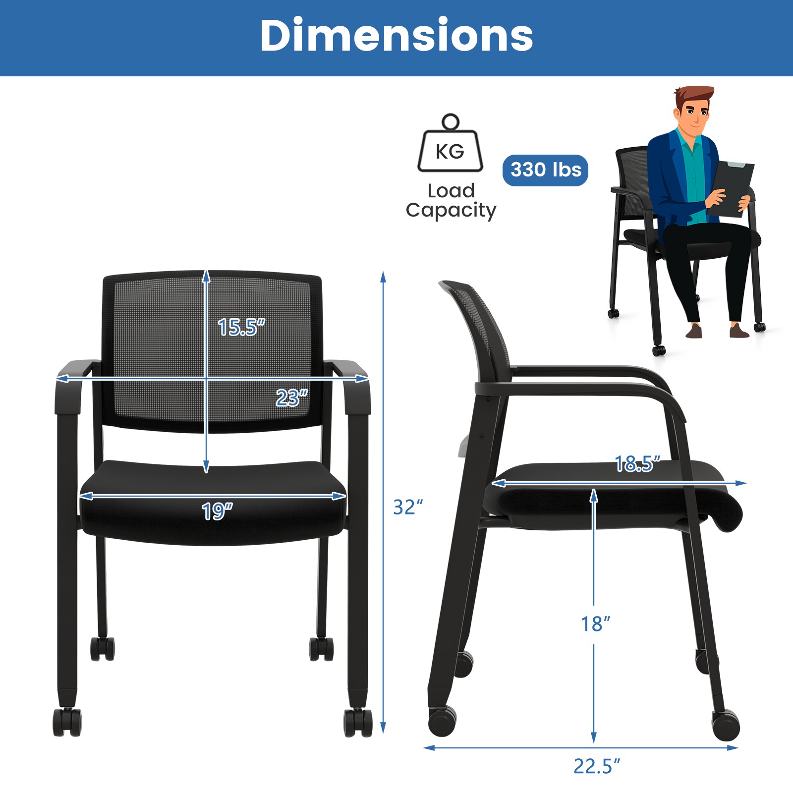 Set of 2 Conference Chairs Stackable Office Guest Mesh Chair Waiting Room Wheels