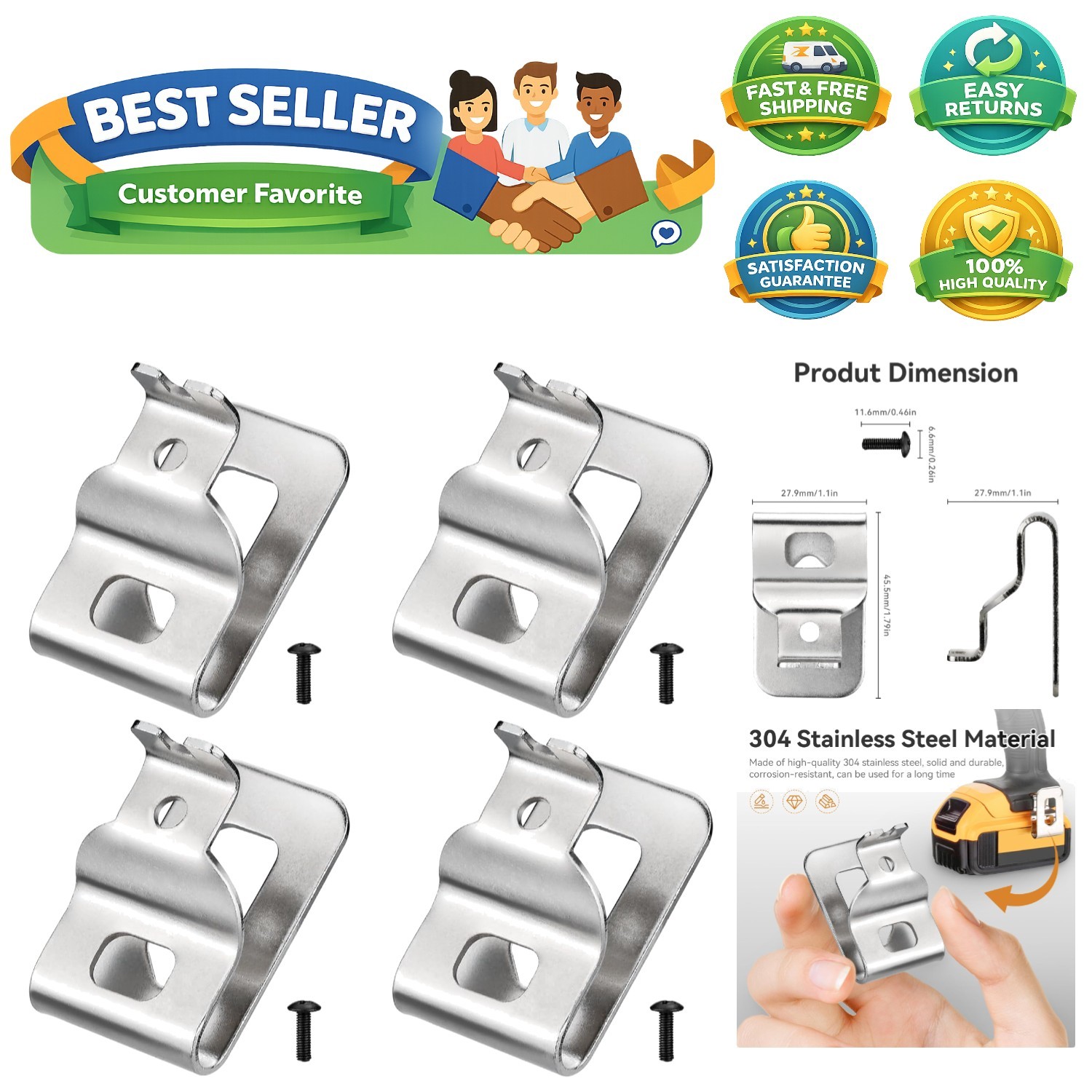 4-Pack Dewalt-Compatible 304 Stainless Steel Belt Clips for Tool Organization