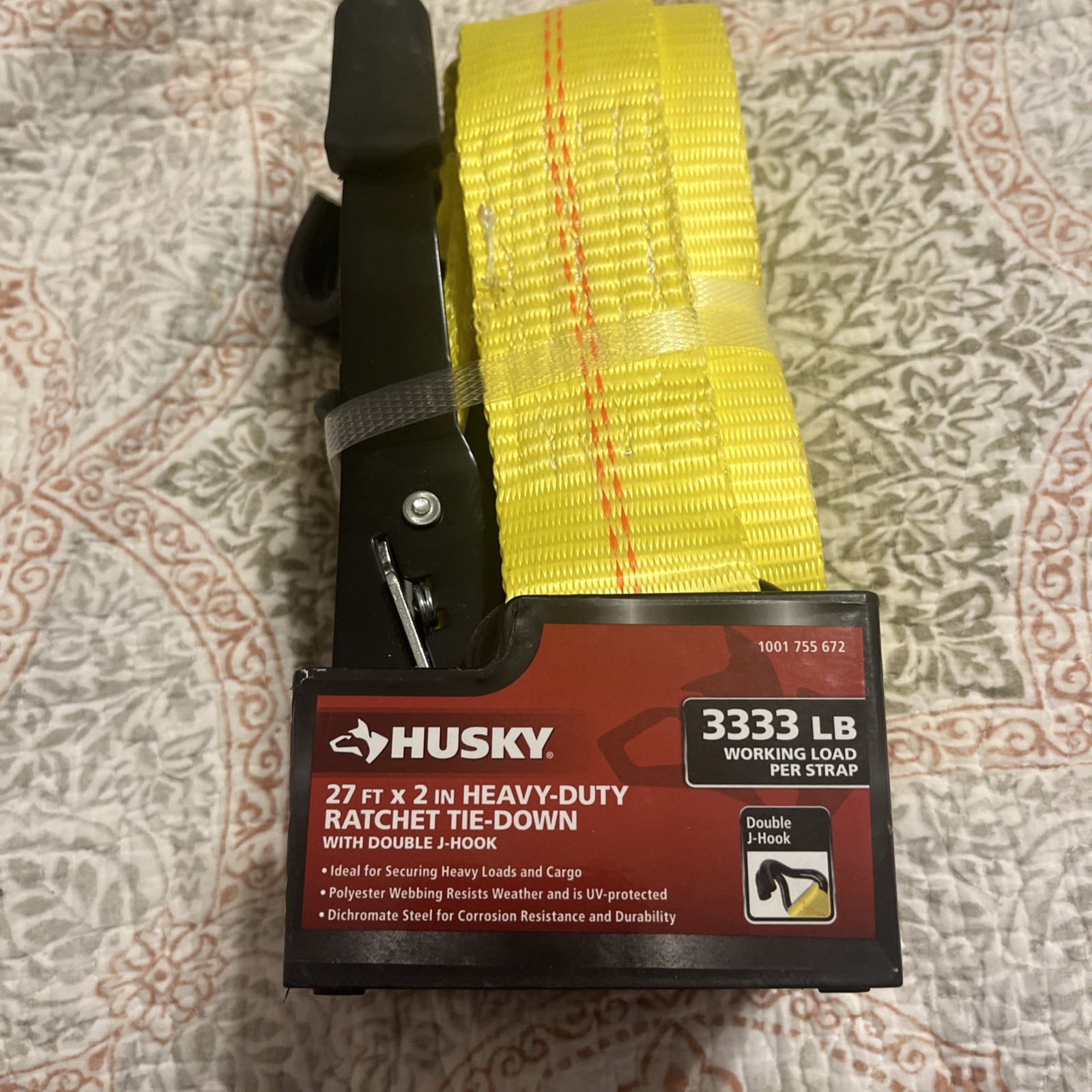 NEW Husky 27 Ft.X 2 in Heavy Duty Ratchet Tie Down with Double J Hook 3333lbs.