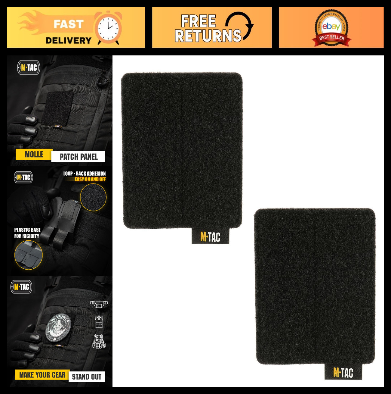 Tactical Patch Panel Set of 2 - Loop Morale Patches Board for Molle Gear (Black)