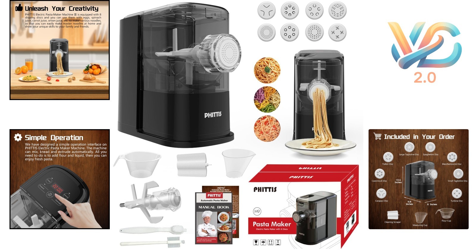 Electric Pasta Maker Machine with 8 Discs, Auto, Easy to Clean, Black