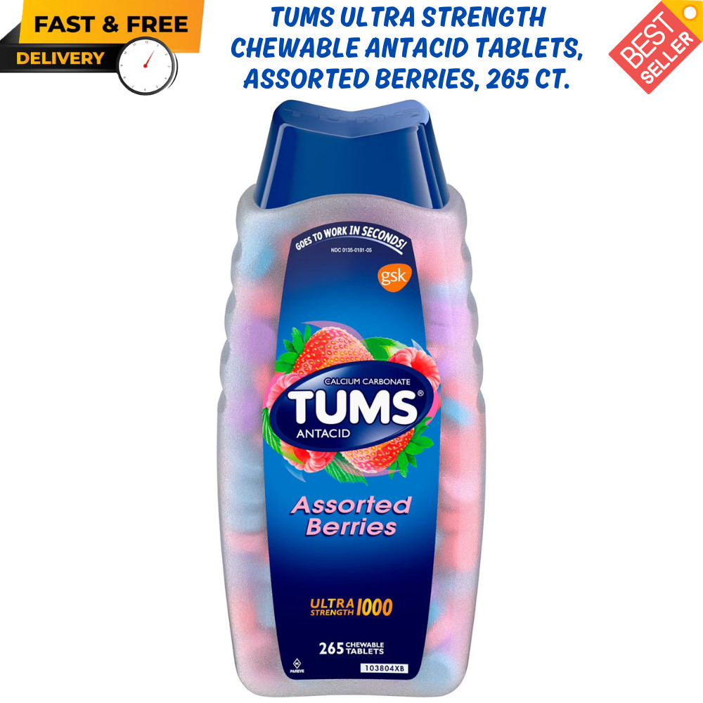 TUMS Ultra Strength Chewable Antacid Tablets, Assorted Berries, 265 ct Heartburn