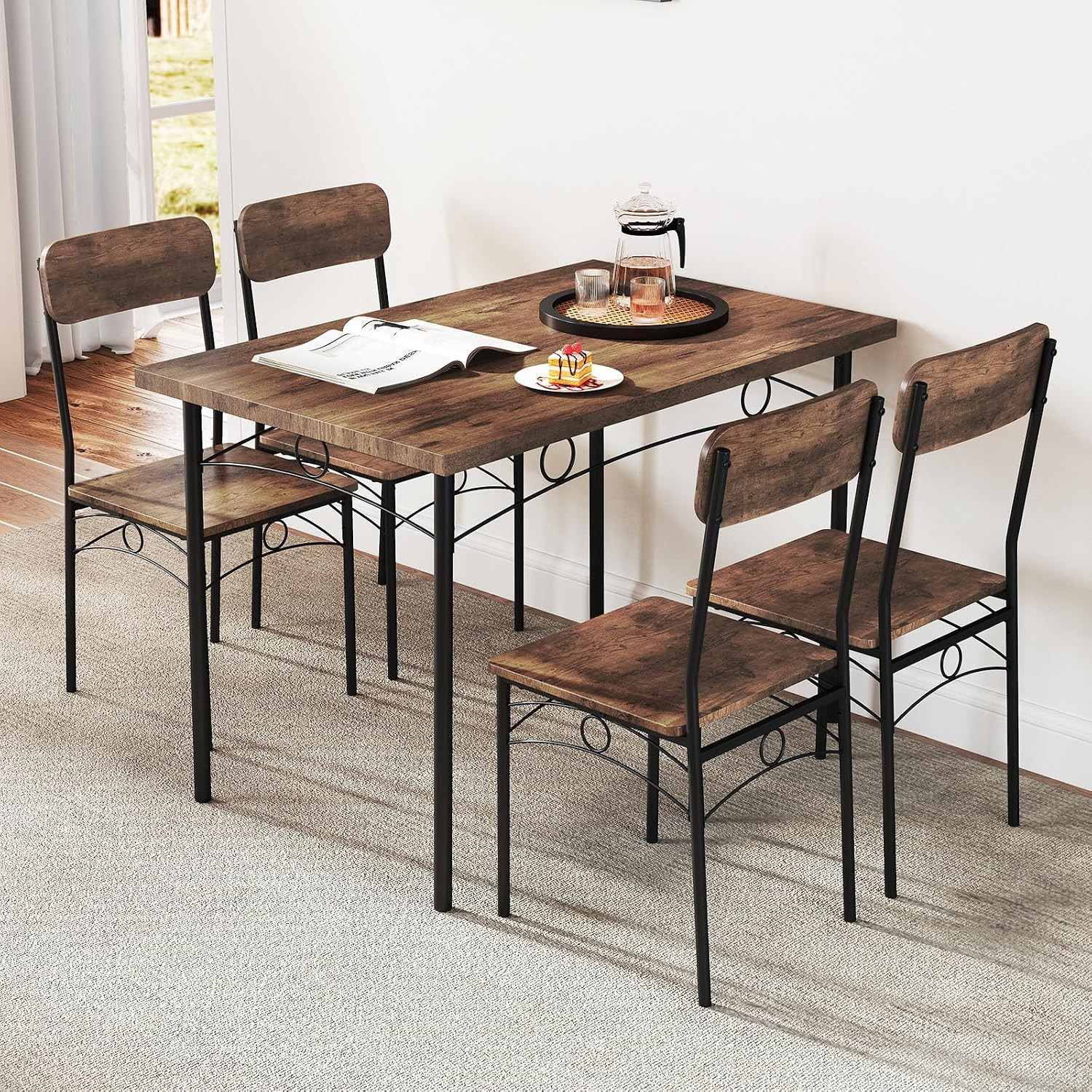 Dining Table Set for 4, Rectangle Kitchen Table and 4 Farmhouse Dining Chairs wi