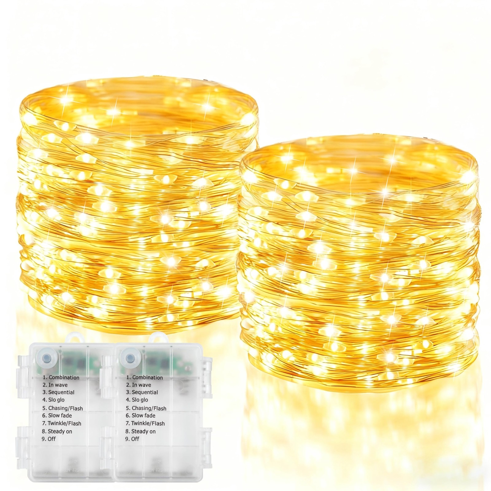 Fairy Lights Battery Operated, 200 LED 66Ft Silver Wire Warm White 2 Pack
