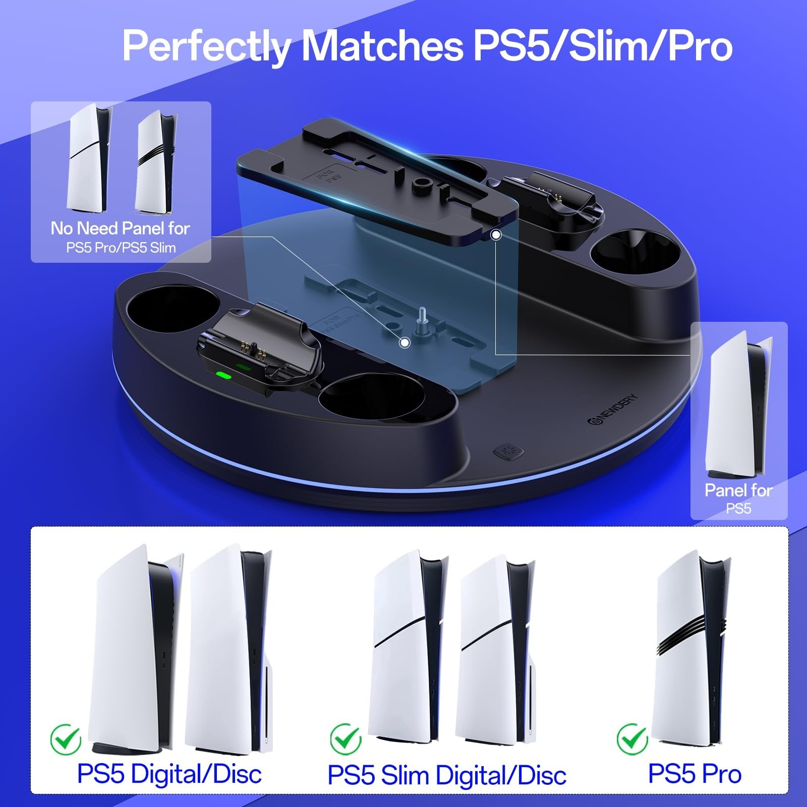 NEWDERY PS5 Charging Station for PlayStation 5/Slim/Pro Controller Charger Stand