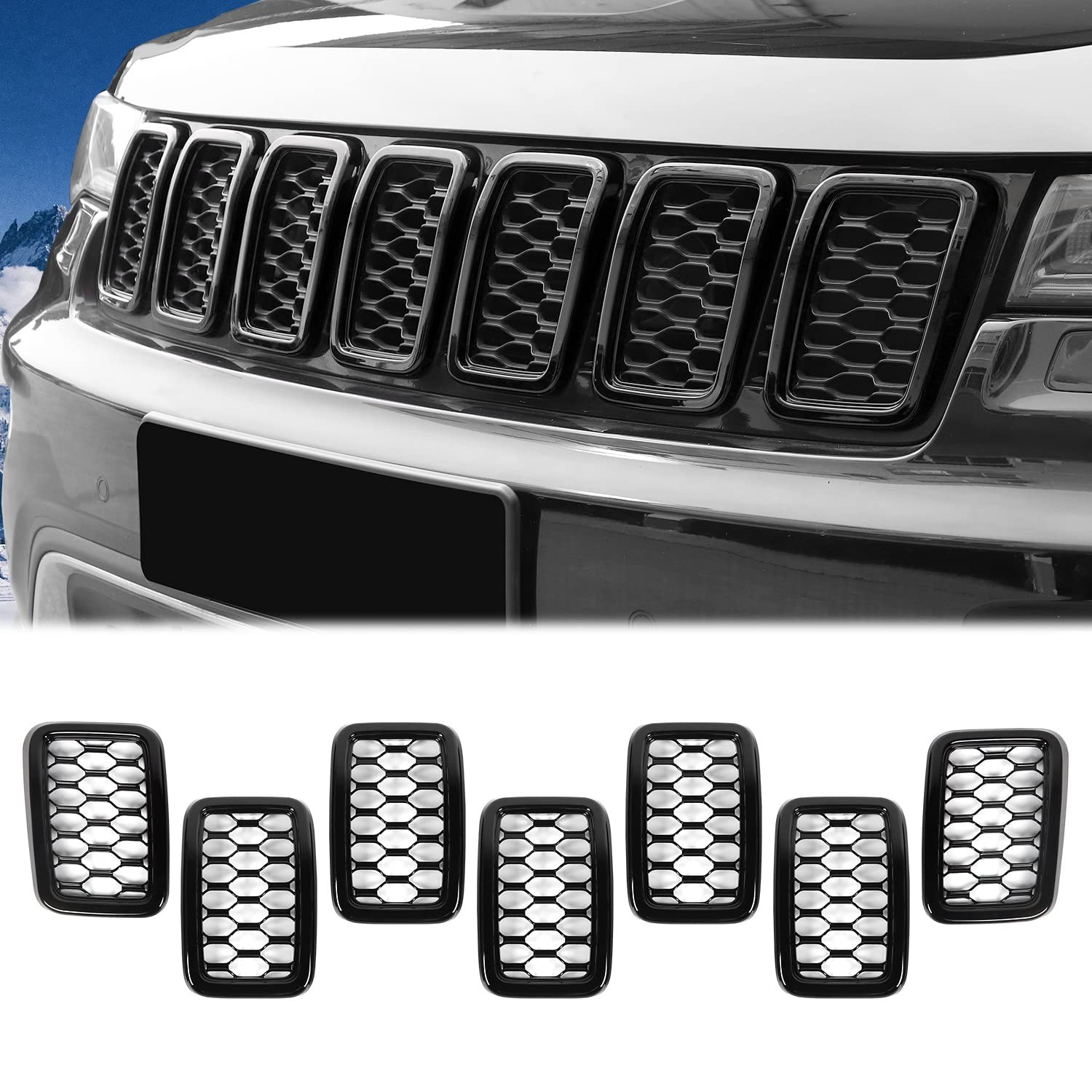 JeCar Front Grill Rings Honeycomb Grille Mesh Inserts Cover Black(Mesh Ring)
