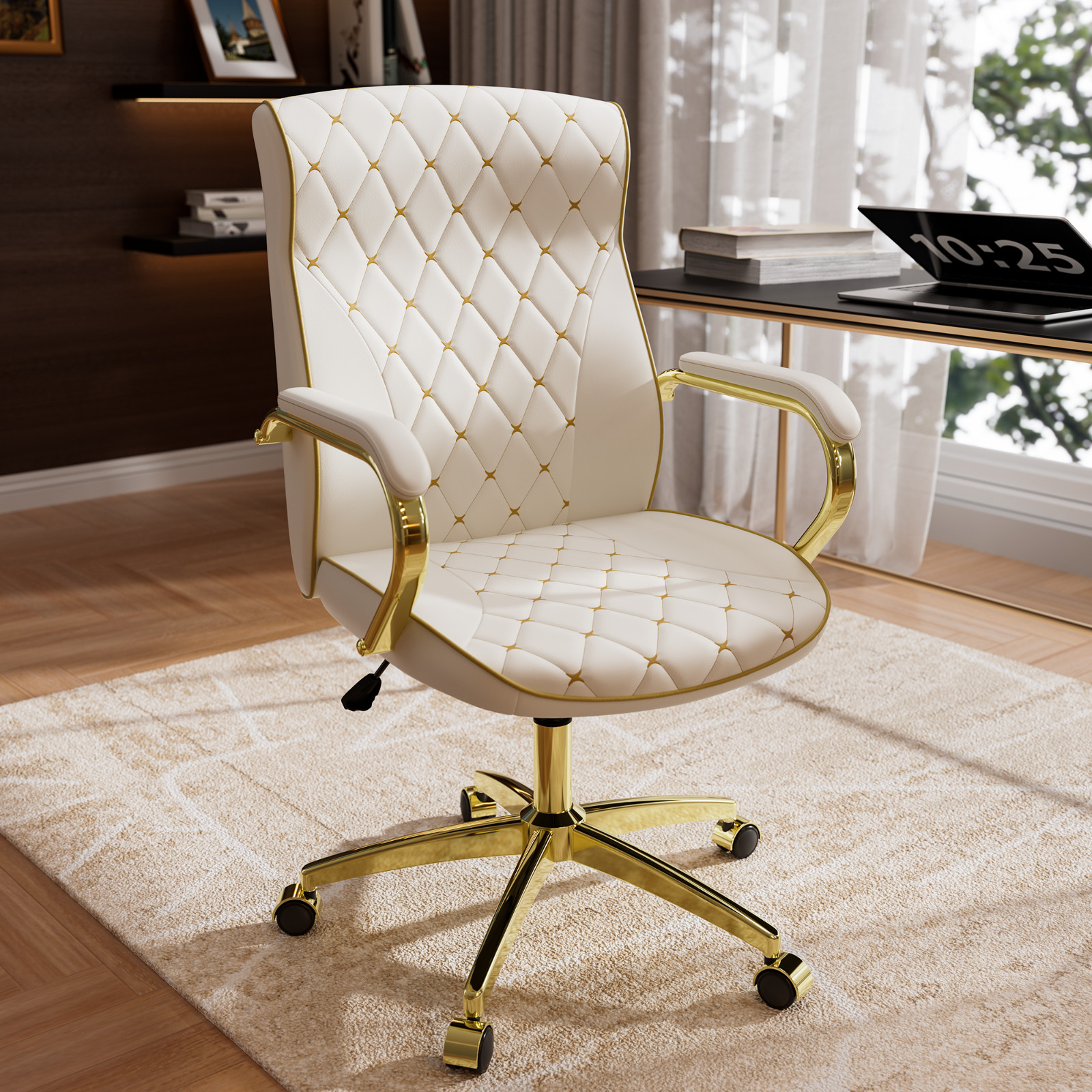 Office Desk Chair Tufted Design Gold Frame Luxury Adjustable Height & 360°Swivel