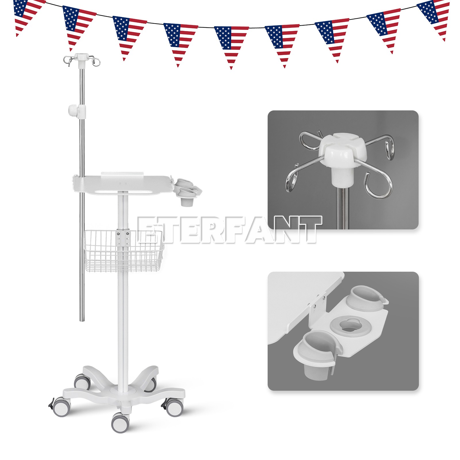 Medical Trolley Cart for Ultrasound Imaging Scanner with Basket/infusion stand