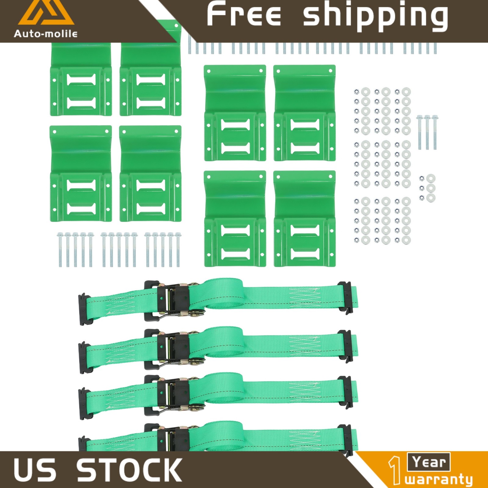 E Track Wheel Chock Tie Down System 8' Green Ratchet Straps Durable Secure Cargo